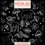 Nature outlines, moose, bear, mushroom, flower, mountains - Seamless File