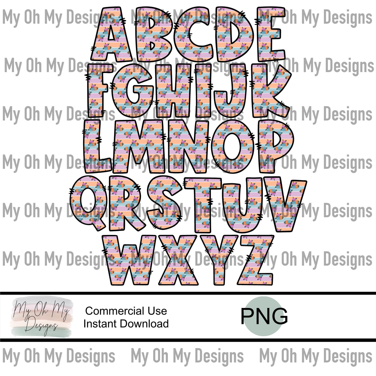 Alphabet Set, Flowers and Stripes - PNG File – Kay Michelle Art